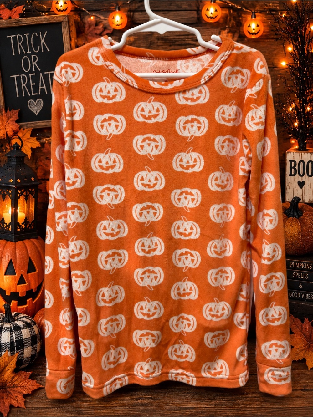 Orange Pumpkin Print Kids PJ Set Size 10